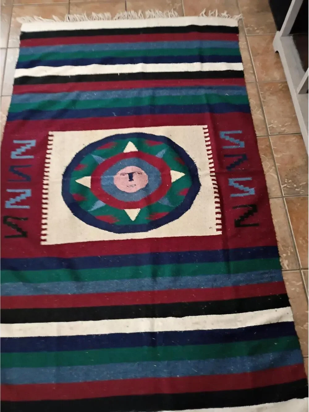 Vintage Geometric Patterned Wool Rug with Fringe